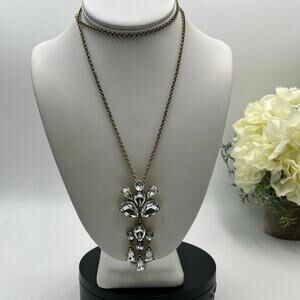 J. Crew Gold Tone Clear Rhinestone Flower‎ Cluster Pendant Long Necklace